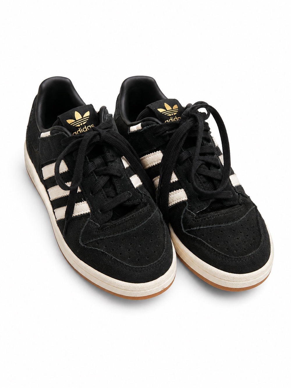 ADIDAS Black White Suede Basketball Skate Sneakers Gold Logo